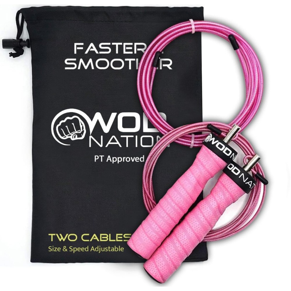 WOD Nation Adjustable Jump Rope - Speed Jump Rope Cables 2.2mm & 3.3mm for Agility - Ergonomic Handles & Smooth Spin for Fitness Equipment - Compact & Portable Workout Equipment - Pink, 11 ft