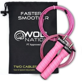 WOD Nation Adjustable Jump Rope - Speed Jump Rope Cables 2.2mm & 3.3mm for Agility - Ergonomic Handles & Smooth Spin for Fitness Equipment - Compact & Portable Workout Equipment - Pink, 11 ft