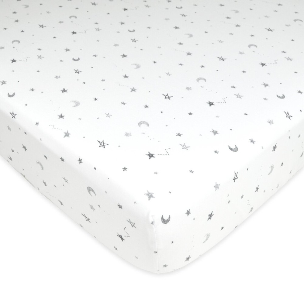 American Baby Company 100% Natural Cotton Fitted Crib Sheet 52 x 28 - Soft, Breathable, Hypoallergenic & Gentle Toddler Bed Sheet, Gray Stars and Moons, Neutral for Boys & Girls