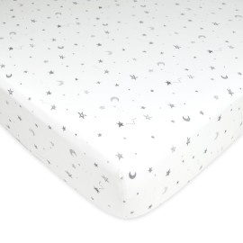 American Baby Company 100% Natural Cotton Fitted Crib Sheet 52 x 28 - Soft, Breathable, Hypoallergenic & Gentle Toddler Bed Sheet, Gray Stars and Moons, Neutral for Boys & Girls