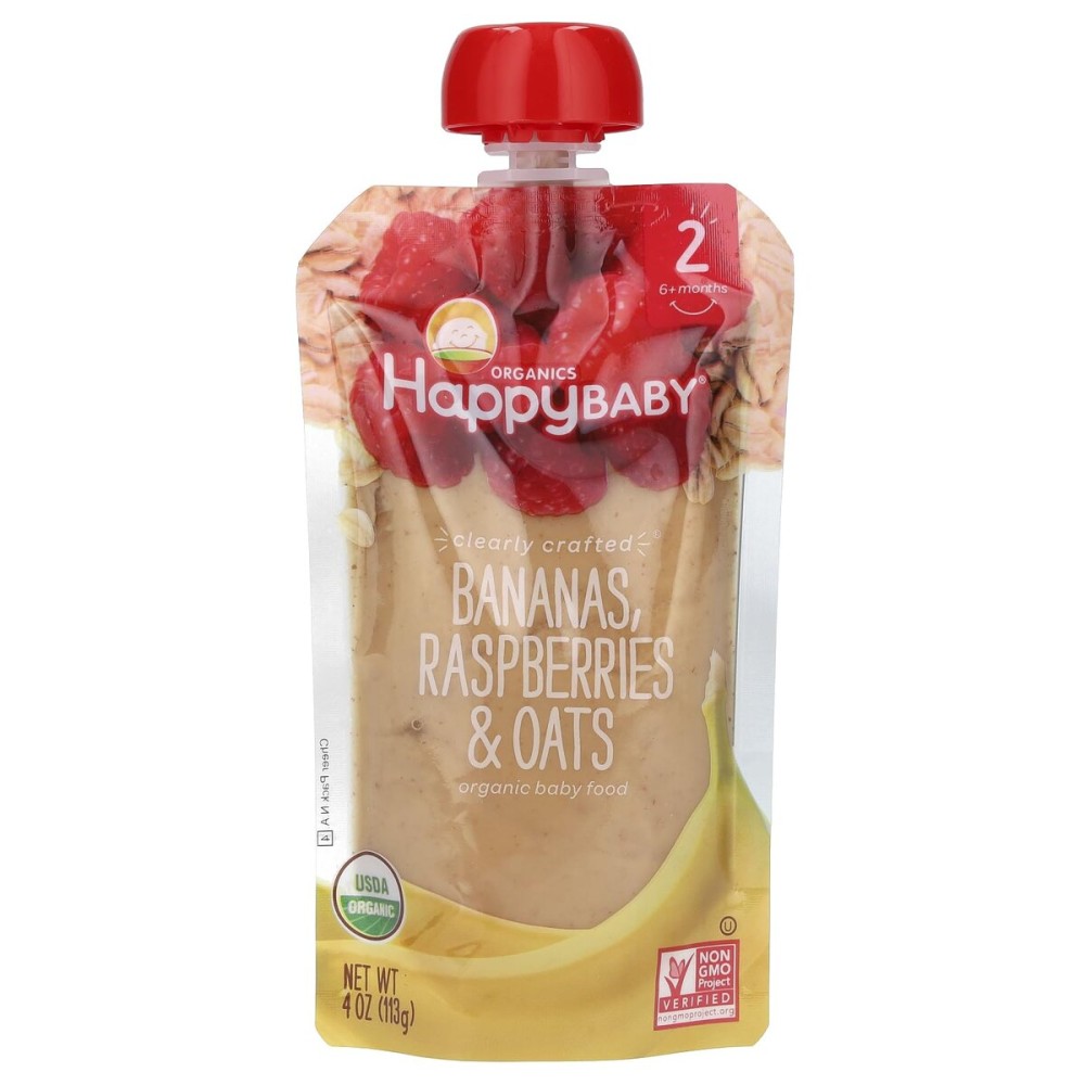 Happy Baby Organics Stage 2 Baby Food Pouches, Gluten Free, Vegan & Healthy Snack, Clearly Crafted Fruit & Veggie Puree, Bananas, Raspberries & Oats, 4 Ounces (Pack of 1)