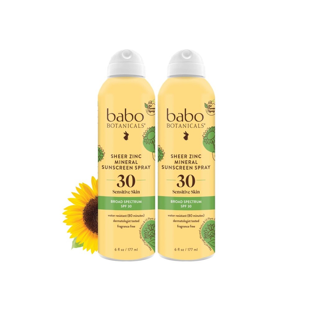 Babo Botanicals Sheer Zinc Continuous Sunscreen Spray SPF30 - Natural Zinc Oxide - Extra Sensitive Skin - Water Resistant - Vegan - Fragrance-Free - Air-Powered Spray - For all ages - 2-Pack