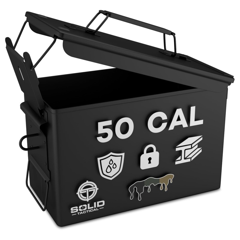 Solid Tactical Lockable 50 Cal Metal Ammo Storage Box Black - Military & Army Steel Ammo Can for Ammunition Storage - Waterproof Ammo Crate Utility Bo