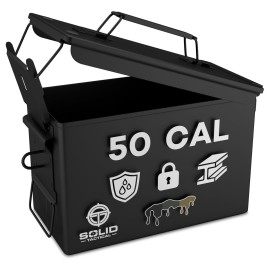 Solid Tactical Lockable 50 Cal Metal Ammo Storage Box Black - Military & Army Steel Ammo Can for Ammunition Storage - Waterproof Ammo Crate Utility Bo