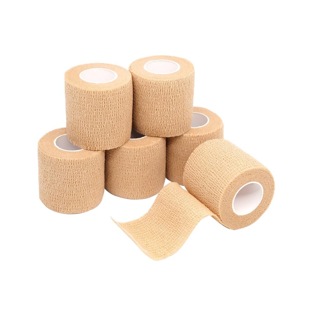 FriCARE Self Adhesive Bandage Wrap, Medical Tape in First Aid Kit, Cohesive Bandages for Wounds Sport Vet, 2 Inches X 5 Yards 6 Rolls, Tan