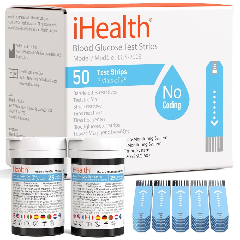 iHealth Blood Glucose Test Strips (50 Count), No Coding Blood Sugar Test, Eligible for FSA Reimbursement, Precision Sugar Measurement for Diabetics, Strips Work Only in iHealth Glucose Meters