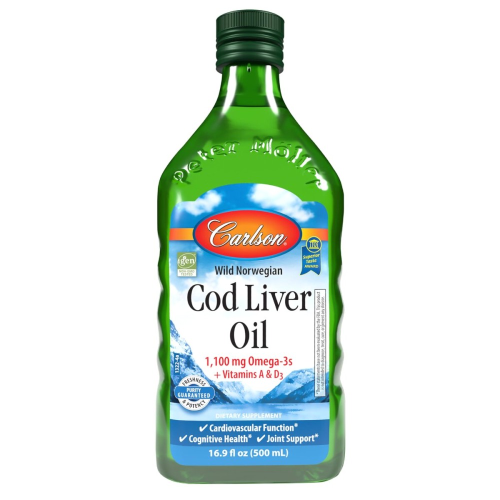 Carlson - Cod Liver Oil 1100 mg Omega-3s Plus Vitamins A & D3 - Wild Caught EPA DHA Omega 3 Supplement - Norwegian Arctic, Sustainably Sourced Nordic Fish Oil Liquid, Unflavored, 250 mL (8.4 Fl Oz)