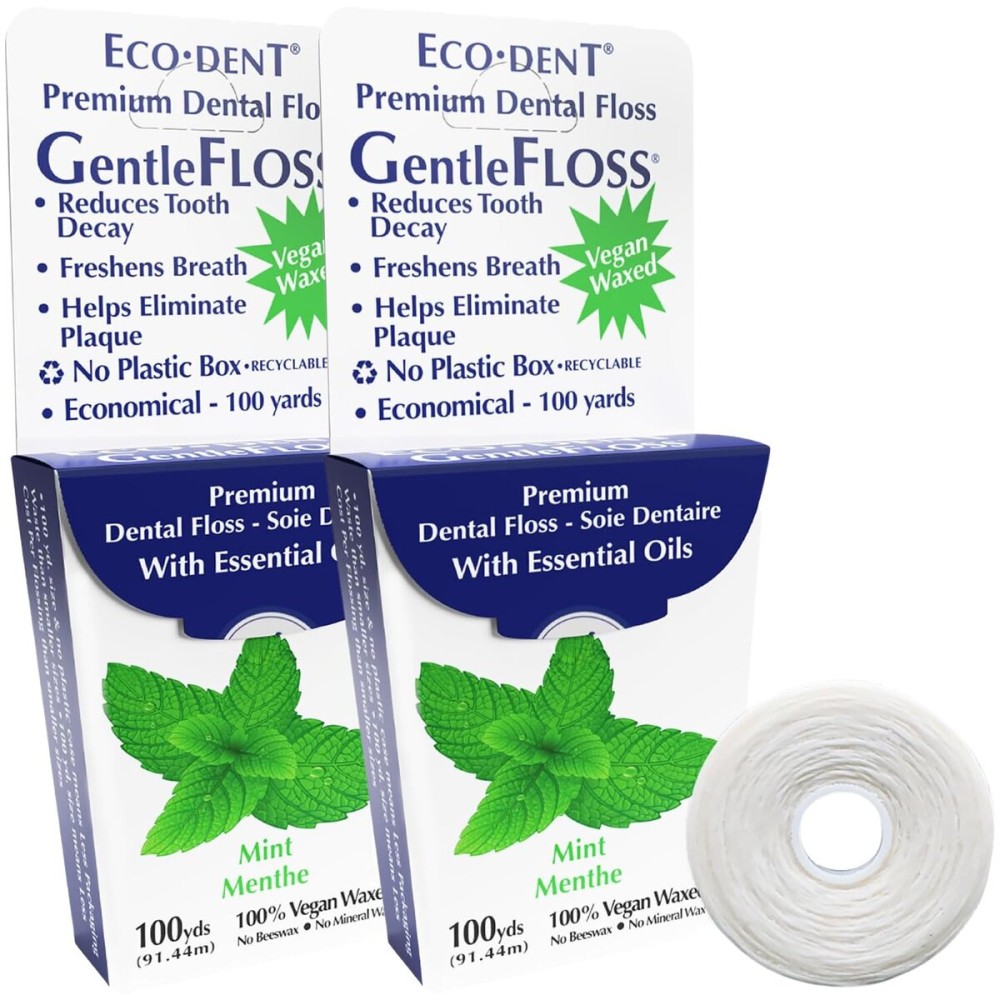 Eco-Dent GentleFloss Dental Floss, Waxed, Mint - Floss with Vegan Plant-Based Wax, Recyclable Cardboard Packaging, 100 Yds Ea (Pack of 2)