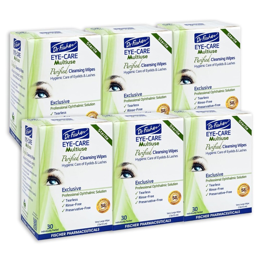 Dr. Fischer Eye Wipes - Hypoallergenic Eyelid Wipes for Everyday Eye Cleansing and Gentle Makeup Remover. (6 packs of 30 wipes each)