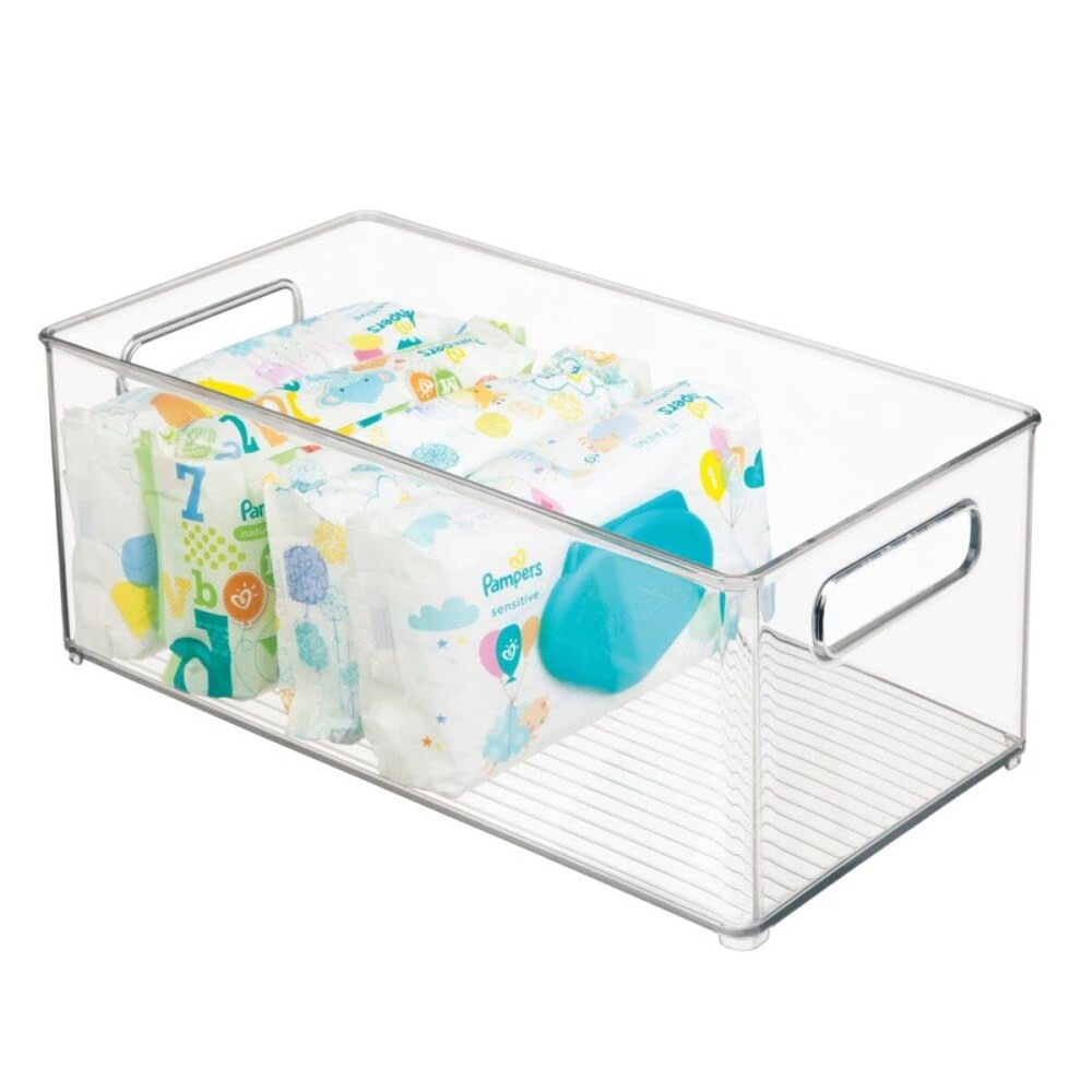mDesign Plastic Deep Bin Organizer Caddy Container w/ Handles for Nursery, Kitchen, Pantry, Bathroom, Cabinet Storage Organization - Holds Snacks, Bottles, Baby Food Jar, Diaper - 14 Long -Clear