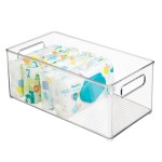 mDesign Plastic Deep Bin Organizer Caddy Container w/ Handles for Nursery, Kitchen, Pantry, Bathroom, Cabinet Storage Organization - Holds Snacks, Bottles, Baby Food Jar, Diaper - 14 Long -Clear