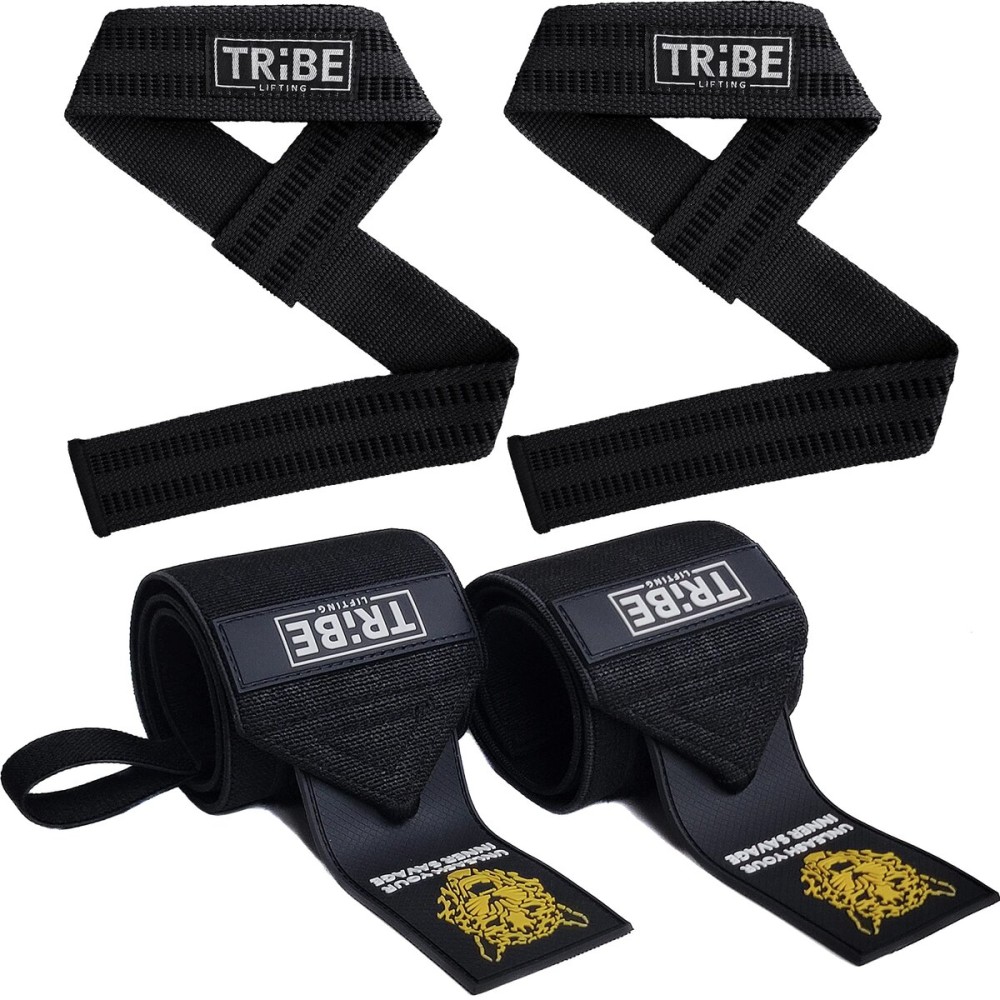Tribe Lifting Heavy Duty Wrist Wraps & Lifting Straps for Weightlifting - Wrist Straps for Weightlifting Men with Silicone Grip & Padding - Gym Wrist Wraps and Lifting Straps