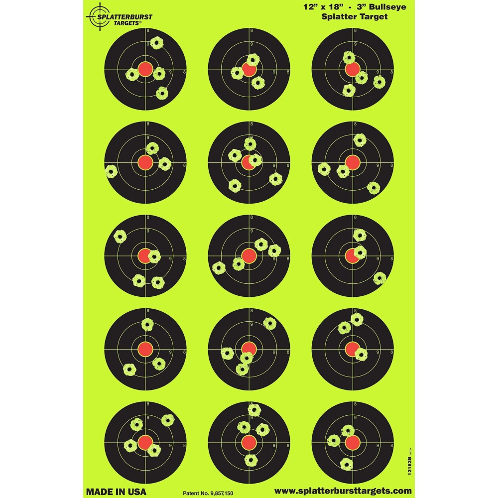 Splatterburst Targets - 12 x18 inch - 3 inch Bullseye Splatter Target - Easily See Your Shots Burst Bright Fluorescent Yellow Upon Impact - Made in The USA (50 Pack)