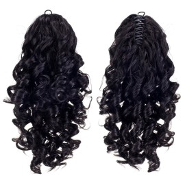 SWACC 12-Inch Short Screw Curls Claw Clip Ponytail Extensions Synthetic Clip in Drawstring Curly Ponytail Hairpiece Jaw Clip Hair Extension (Off Black-1B)