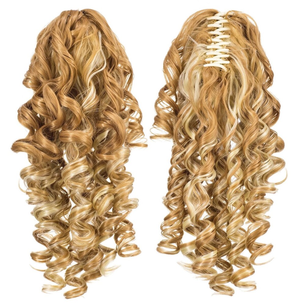 SWACC 12-Inch Short Screw Curls Claw Clip Ponytail Extensions Synthetic Clip in Drawstring Curly Ponytail Hairpiece Jaw Clip Hair Extension (Blonde Mixed-27H613)