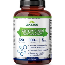 Zazzee High Absorption Artemisinin, 100 mg per Capsule, 120 Vegan Capsules, with 5 mg BioPerine for Maximum Absorption, Sweet Wormwood Extract, 4 Month Supply, All-Natural and Non-GMO