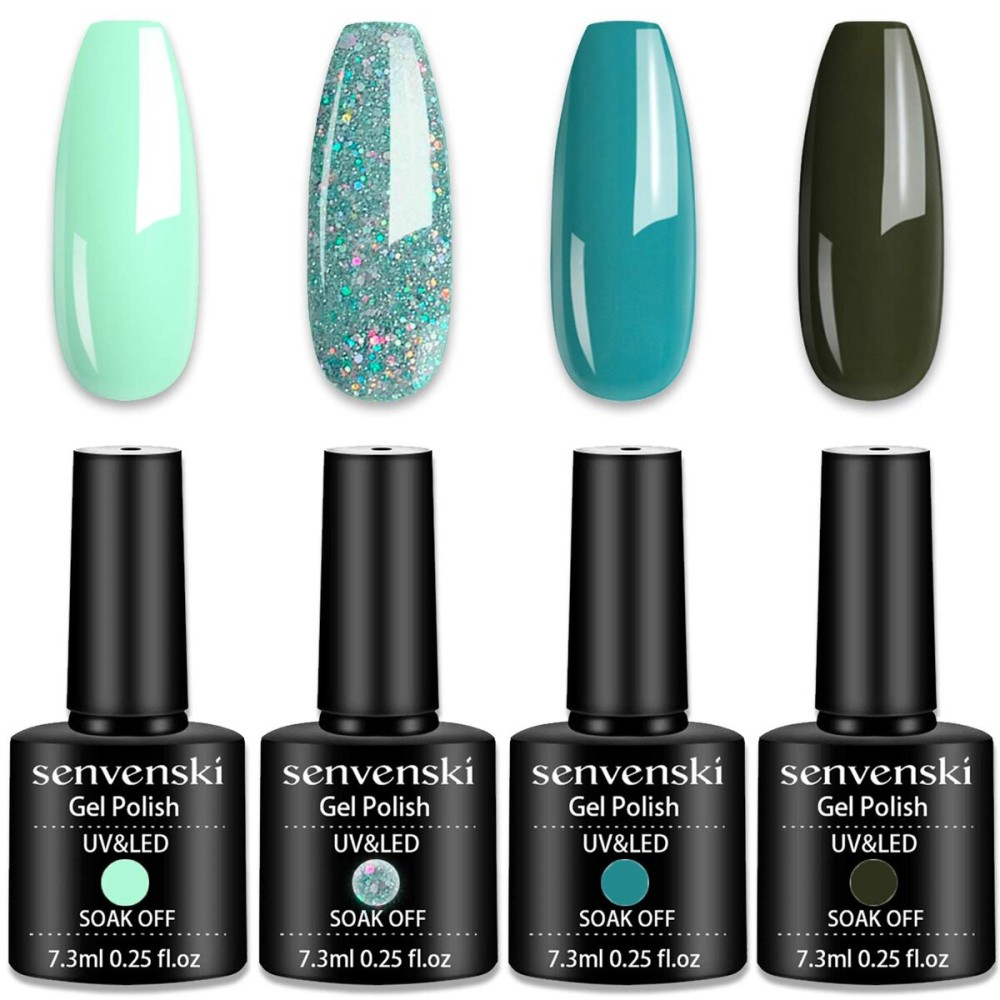 senvenski Teal Gel Nail Polish Kit - UV/LED Soak Off Nail Art Set with Blue Glitter Mint Olive Army Aqua Green Emerald Turquoise Colors | Manicure Gift Kit for Women Salon Home Use(CS007)