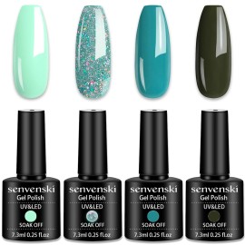senvenski Teal Gel Nail Polish Kit - UV/LED Soak Off Nail Art Set with Blue Glitter Mint Olive Army Aqua Green Emerald Turquoise Colors | Manicure Gift Kit for Women Salon Home Use(CS007)