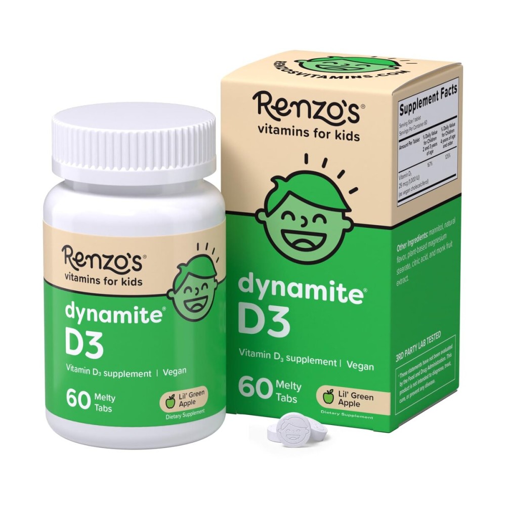 Renzo\'s Dynamite Vitamin D3, Dissolving Kids Vitamin D3, 60 Sugar-Free Melty Tabs, Lil Green Apple Flavored