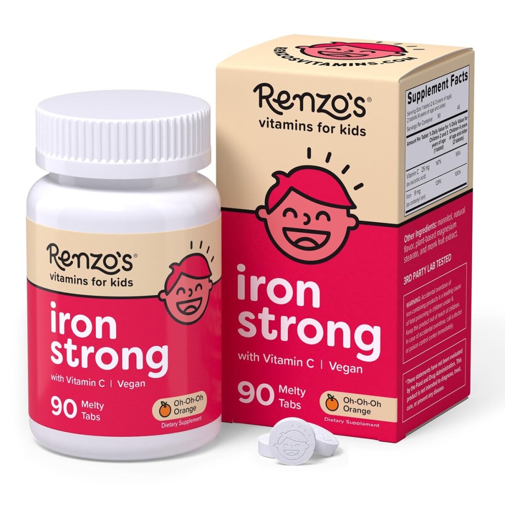 Renzo\'s Iron Supplements for Kids, Dissolvable Vegan Iron Supplement with Vitamin C, Sugar Free, Oh-Oh-Oh Orange Flavor, 90 Melty Tabs