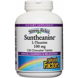 Natural Factors Suntheanine L-Theanine 100 mg - Health Supplement for Calm Outlook - L-Theanine Supplement Supports Relaxing Sleep & Aids Against Drowsiness - 120 Chewable Tablets (60 Servings)