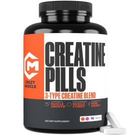 Crazy Muscle, Creatine Pills, 5g 3X Pure Creatine Monohydrate, Pre Workout Bulk Muscle Mass Gainer, High Absorption Easy to Take ThreeAtine 3 Type Optimum Performance for Lean Growth Men Women