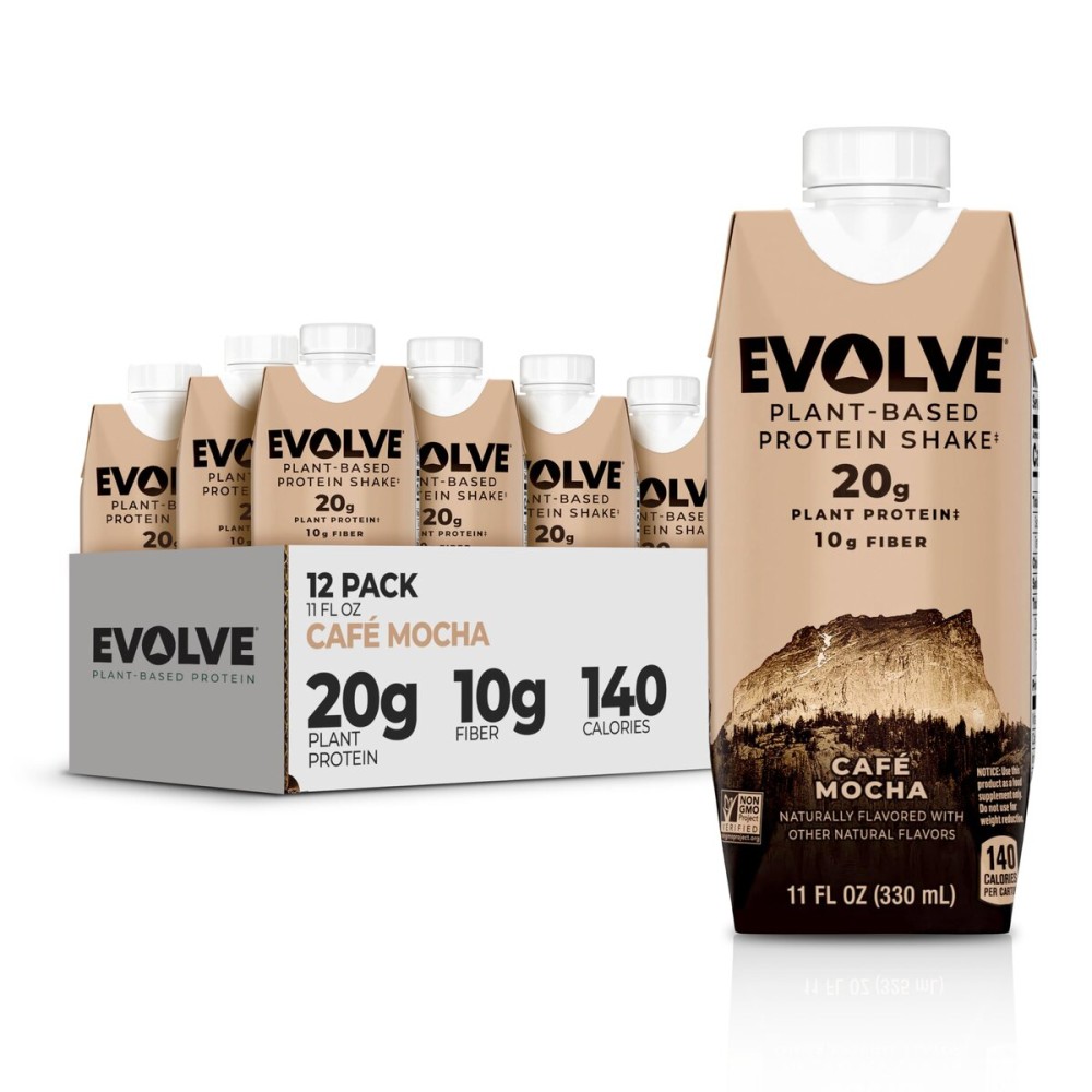 Evolve Plant Based Protein Shake, Caf Mocha, 20g Vegan Protein, Dairy Free, No Artificial Sweeteners, Non-GMO, 10g Fiber, 11oz, (12 Pack) (Formula May Vary)