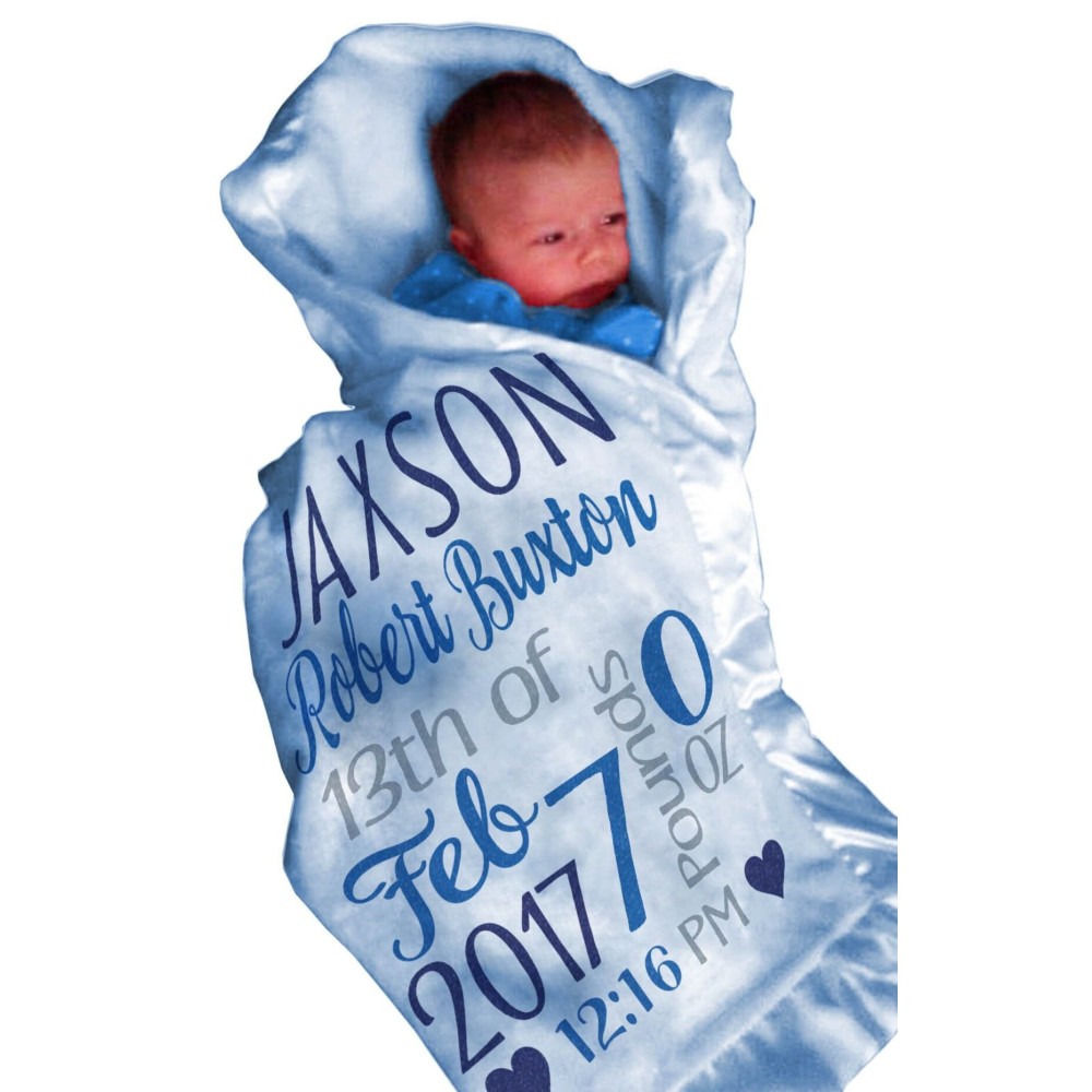 Kids-Pillowcases-By-Stockingfactory Personalized Baby Blankets for Boys (30x40, Blue Micro Plush Fleece Satin Edge Trim) Custom with Baby\'s Name for Newborn Baby Christening Baptism