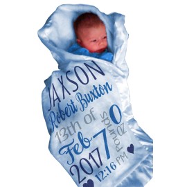 Kids-Pillowcases-By-Stockingfactory Personalized Baby Blankets for Boys (30x40, Blue Micro Plush Fleece Satin Edge Trim) Custom with Baby\'s Name for Newborn Baby Christening Baptism