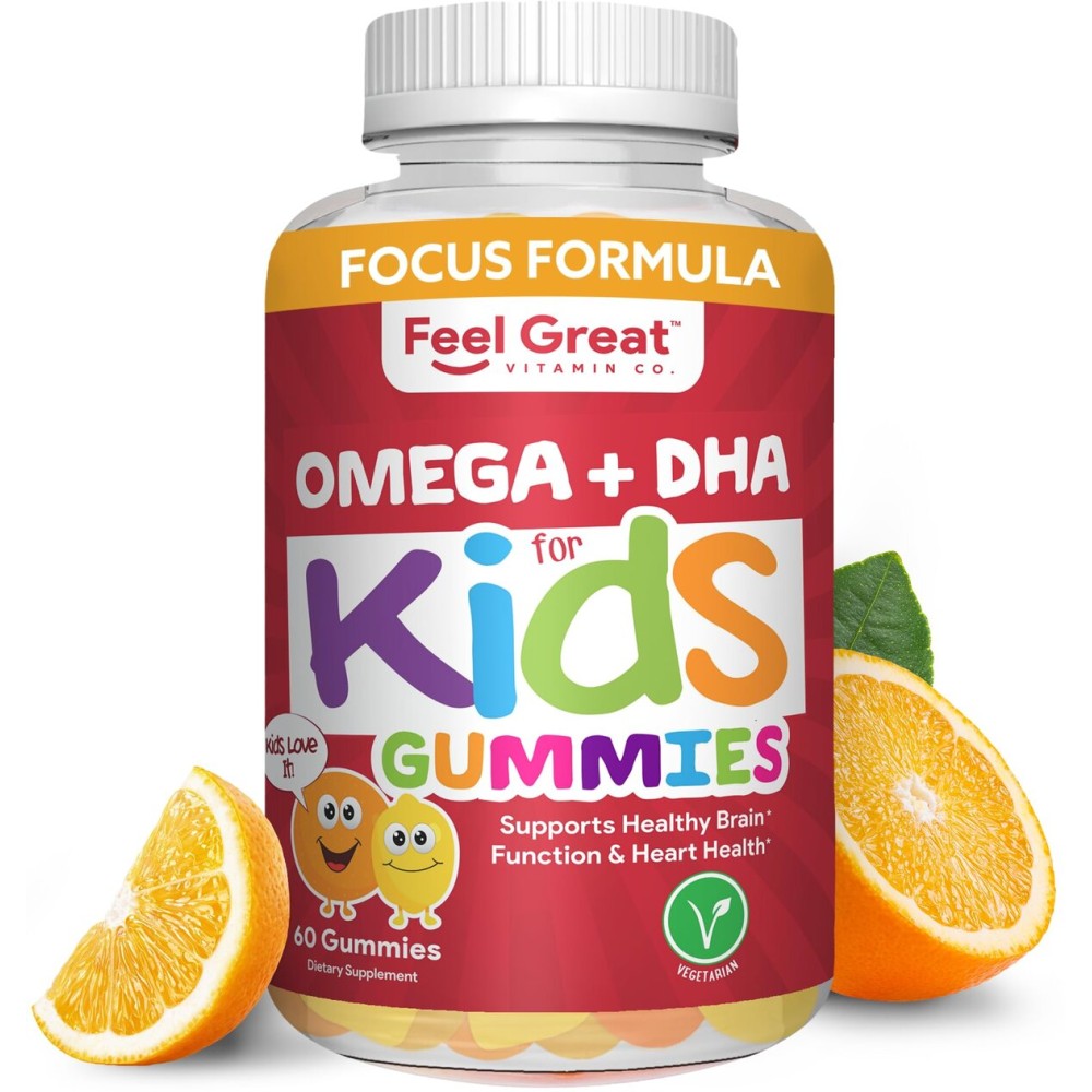 Feel Great Vitamin Co. Complete DHA Gummies for Kids | with Omega 3 6 9 + DHA, Vitamin C | Supports Healthy Brain Function, Vision & Heart Health | Gluten Free, Vegetarian | 60 Gummies