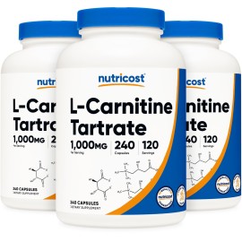 Nutricost L-Carnitine Tartrate 500mg, 240 Capsules - 1000mg Per Serving (3 Bottles)