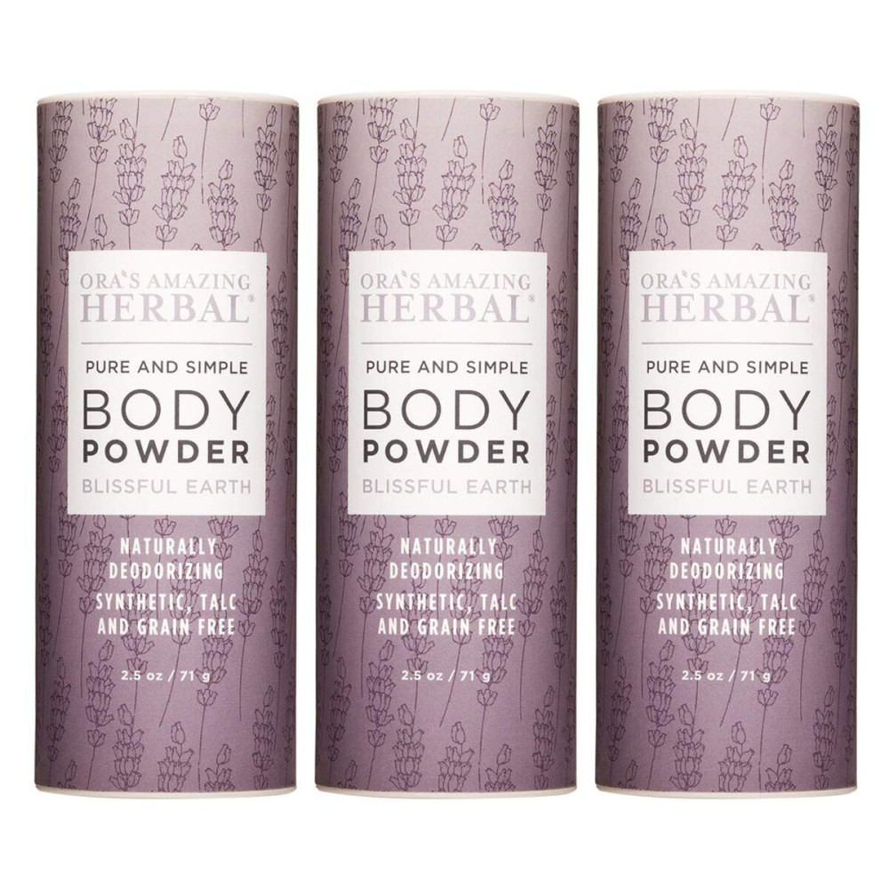Ora\'s Amazing Herbal Natural Body Powder, 2.5 ounces Pack of 3, Dusting Powder No Talc, Corn, Grain or Gluten Blissful Earth Scent (Essential Oil Only No Synthetic Fragrance) non GMO Made In The USA