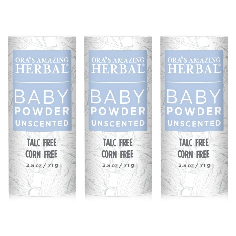 Ora\'s Amazing Herbal Baby Powder, Talc, Cornstarch and Grain Free 2.5oz, Made in The USA (Unscented 3 Pack)