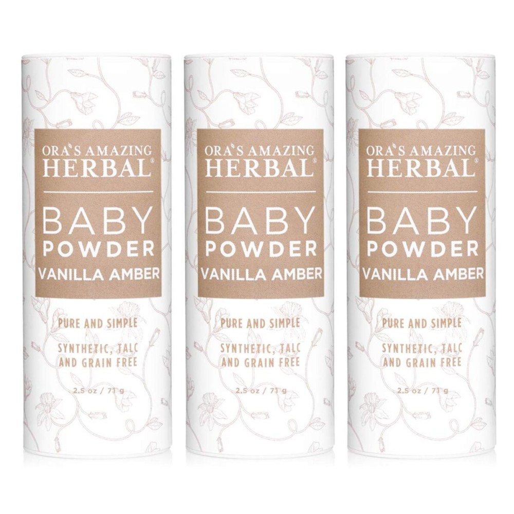 Ora\'s Amazing Herbal Baby Powder Talc-Free, Real Vanilla Amber Natural Scent, Cornstarch Free Arrowroot and Clay Based Powder, Synthetic Fragrance Free, 2.5 oz 3 Pack