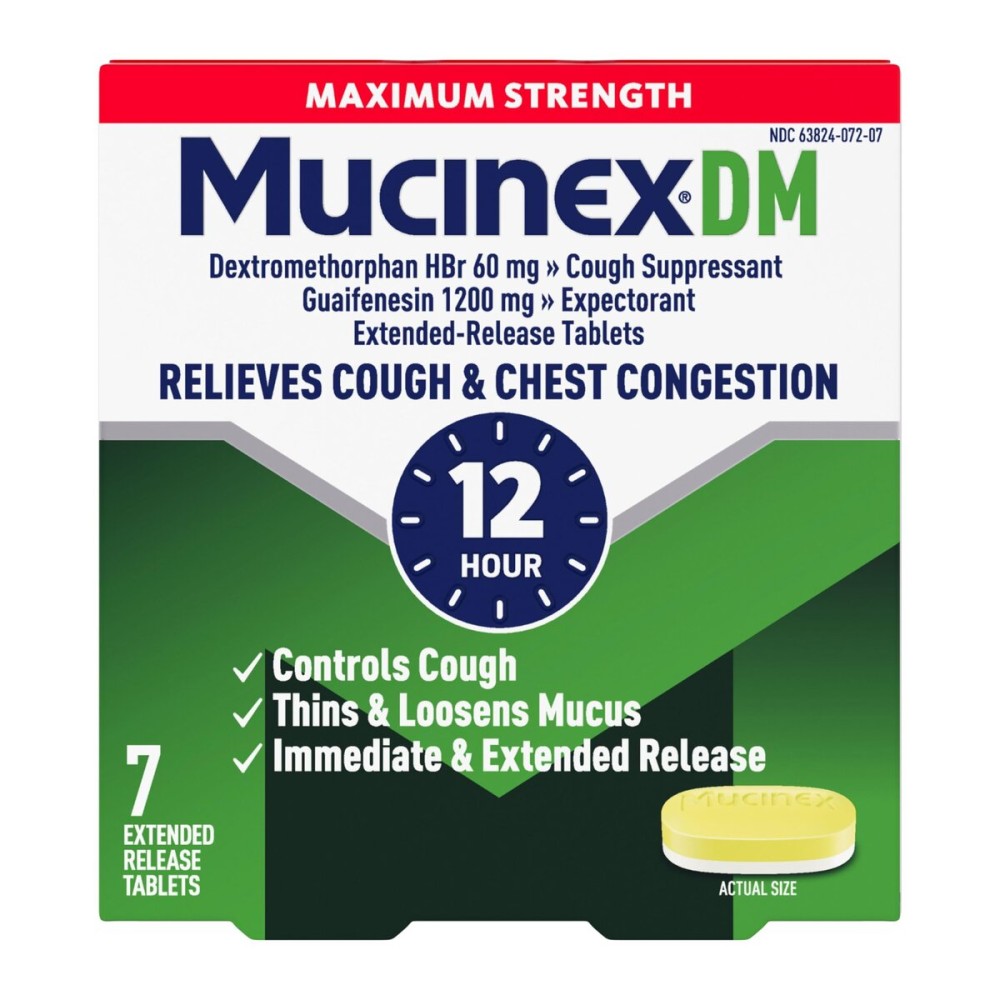 Cough Suppressant and Expectorant, Mucinex DM Maximum Strength 12 Hour Tablets, 7ct, 1200 mg Guaifenesin, Relieves Chest Congestion, Quiets Wet and Dry Cough, 1 Doctor Recommended OTC expectorant