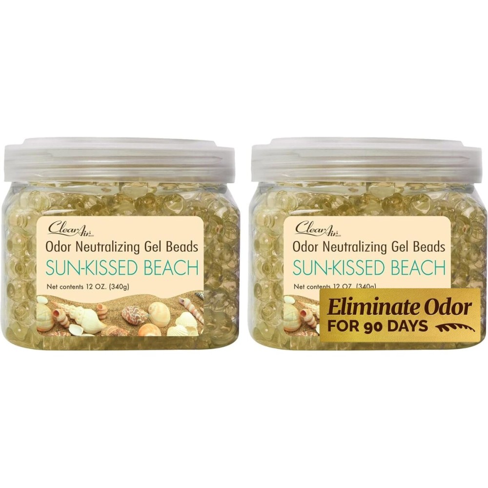 Clear Air Odor Eliminator Gel Beads - 12 oz, Pack of 2 - Air Freshener Made with Essential Oils - Eliminates Odors in Bathrooms, Cars, Boats, RVs & Pet Areas - Sun-Kissed Beach Scent