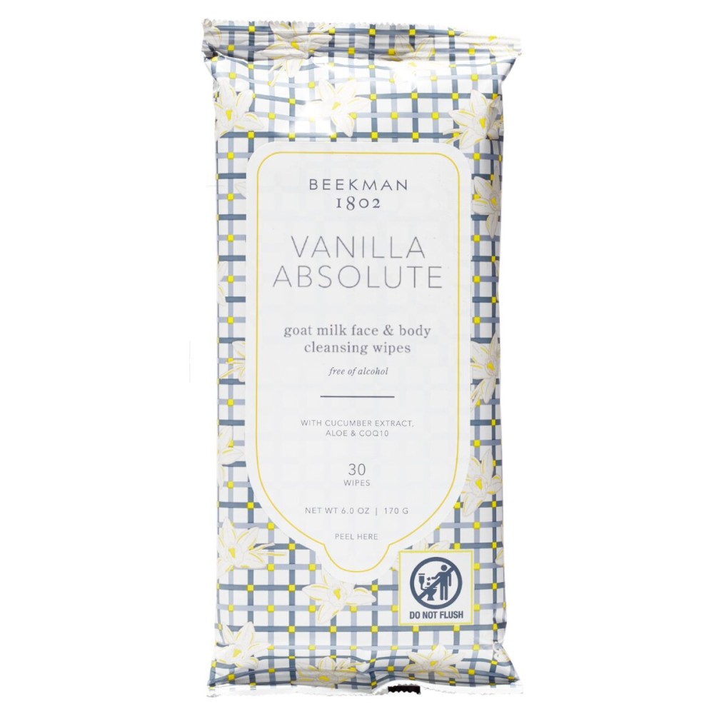 Beekman 1802 Face & Body Wipes, Vanilla Absolute - Scented - 30 Count - Cleanses Dirt & Makeup - With Goat Milk, Aloe & Vitamin E - Alcohol Free, Biodegradable - Good for Sensitive Skin - Cruelty Free