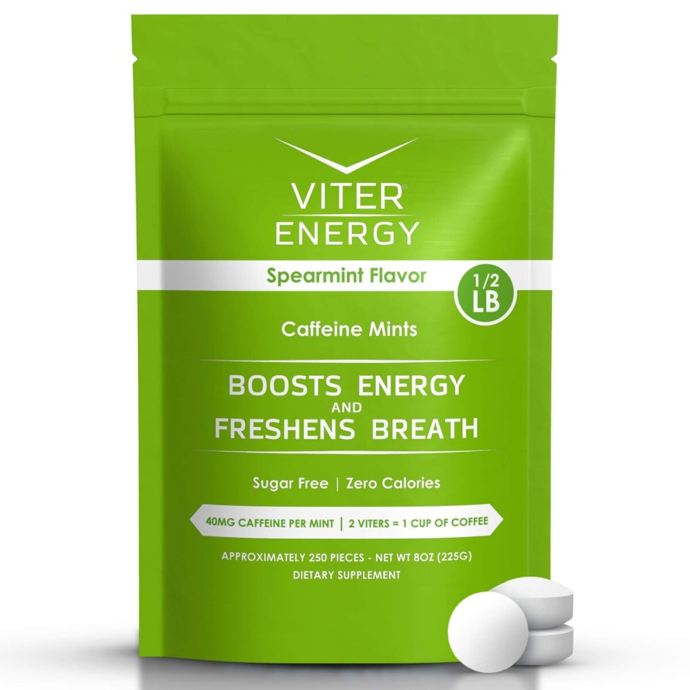 Viter Energy 40mg Caffeine Mints - Sugar Free, B Vitamins, Vegan, Boosts Fast Energized Alert Focus, Caffeinated Nootropic Supplement Pills (Spearmint Flavor, 8oz, Bulk Bag)