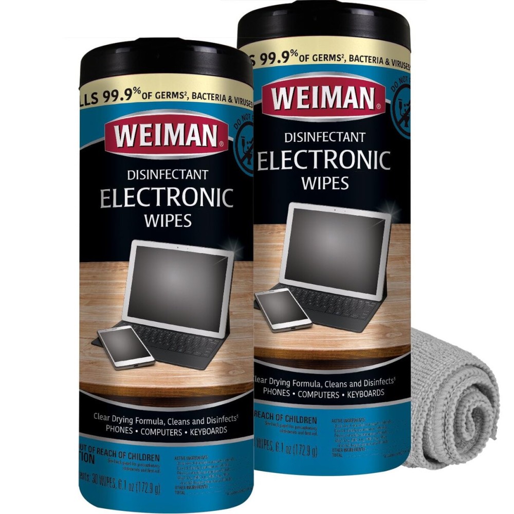 Weiman Electronics & Screen Disinfecting Wipes - Safely Clean and Disinfect Your Phone, Laptop, Keyboard, Tablets, Lens, Wipe, Glasses Cleaner, 30 Count, 2 Pack with MicroFiber Towel