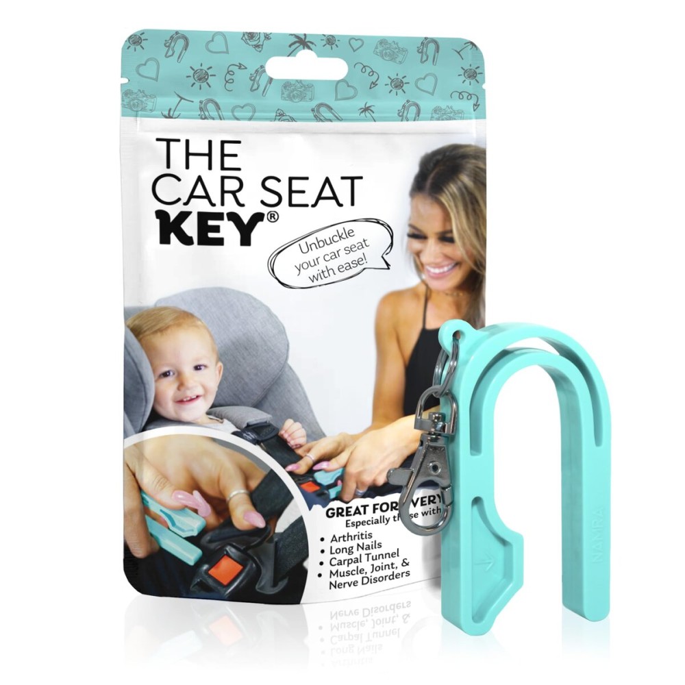 The Car Seat Key - Original Car Seat Key Chain Buckle Release Tool - Easy Unbuckle Opener Aid for Nails, Parents, Grandparents & Older Children by NAMRA Made in USA (Teal)