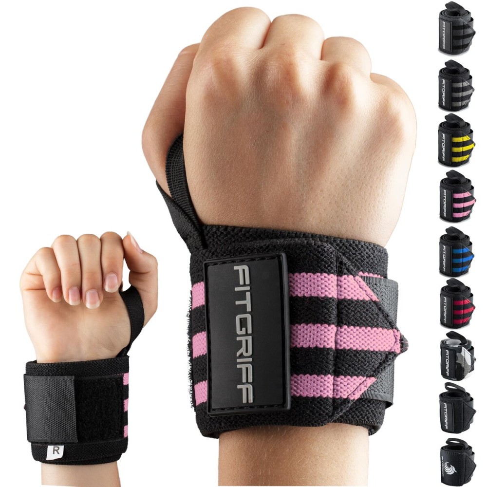 Fitgriff Wrist Wraps for Weightlifting (18) Heavy-Duty Support for Gym, Bench Press, and Pushups (1 Pair) - for Men and Women (Black/Pink)
