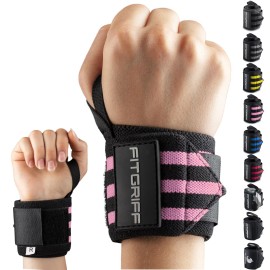 Fitgriff Wrist Wraps for Weightlifting (18) Heavy-Duty Support for Gym, Bench Press, and Pushups (1 Pair) - for Men and Women (Black/Pink)