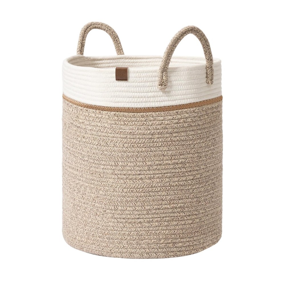 LA JOLIE MUSE Woven Basket Rope Storage Baskets - Tall Cotton Basket 16 x 14 x 14 Inches, Laundry Basket for Blanket, Kids Toy, Nursery Clothes Hamper Basket White & Desert