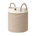 LA JOLIE MUSE Woven Basket Rope Storage Baskets - Tall Cotton Basket 16 x 14 x 14 Inches, Laundry Basket for Blanket, Kids Toy, Nursery Clothes Hamper Basket White & Desert