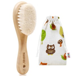 haakaa Wooden Baby Hair Brush for Newborns and Toddlers Baby Brush Natural Soft Wool Bristles Hairbrush, Ideal for Cradle Cap, Perfect Baby Registry Gift with Carry Pouch, 1PC