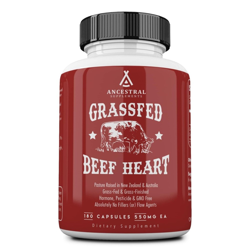 Ancestral Supplements Grass Fed Beef Heart Supplement, 3300mg, CoQ10 Supplement Supports Heart and Mitochondrial Health, Non-GMO, 180 Capsules