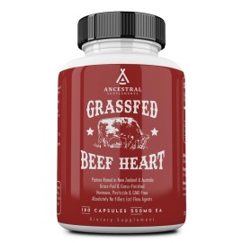 Ancestral Supplements Grass Fed Beef Heart Supplement, 3300mg, CoQ10 Supplement Supports Heart and Mitochondrial Health, Non-GMO, 180 Capsules