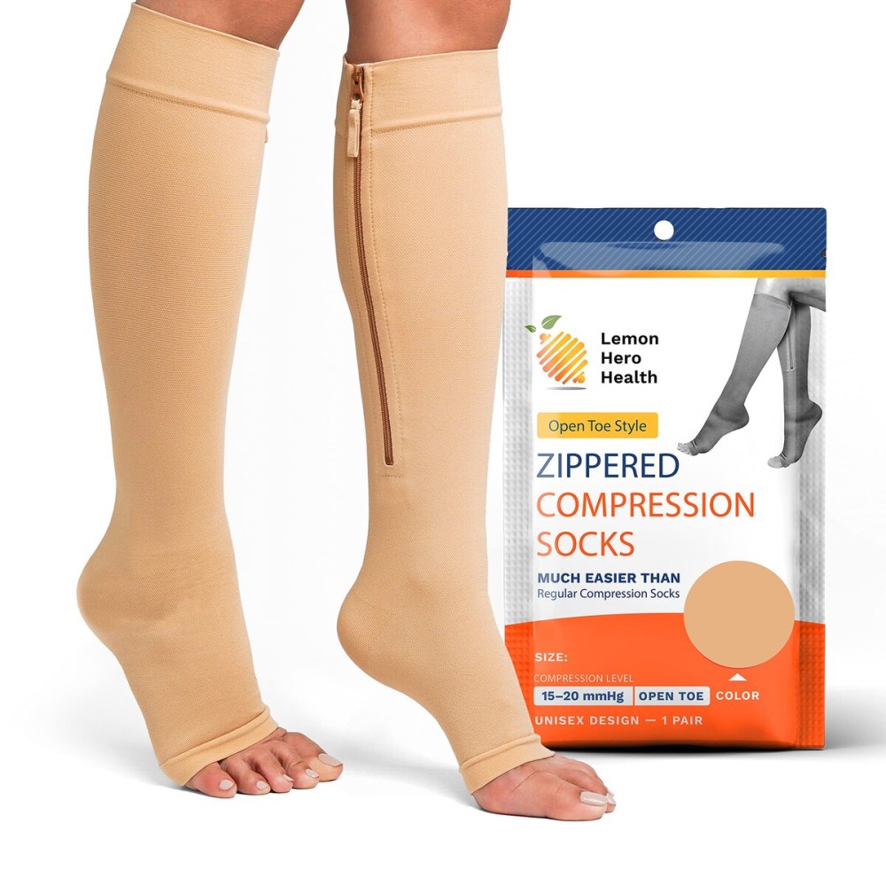 Lemon Hero Zipper Compression Socks for Women and Men, Open Toe 15-20 mmHg Compression Stockings wtih Zip Guard, Supports Circulation and Leg Comfort, Designed for Swelling Relief - 2XL, Beige
