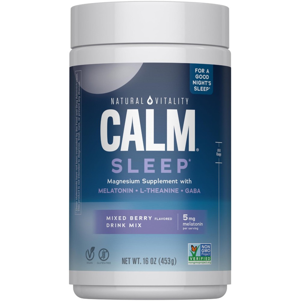 Natural Vitality Calm Sleep, Melatonin & Magnesium Citrate, Sleep Aid Drink Mix, GABA, Aid, Vegan, Gluten Free Non-GMO, Mixed Berry, 16 Oz