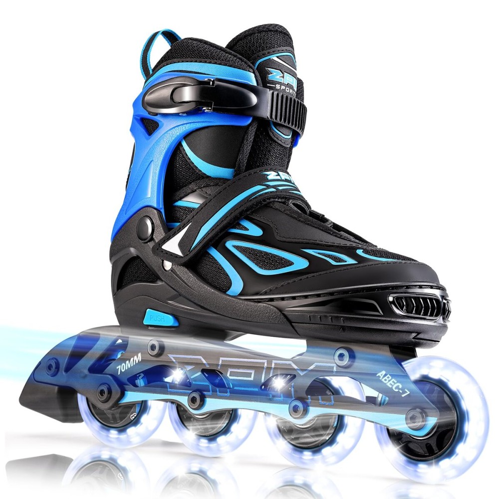2PM SPORTS Vinal Boys Adjustable Flashing Inline Skates, All Wheels Light Up, Fun Illuminating Skates for Kids and Men- Azure Small (11C-13C US)